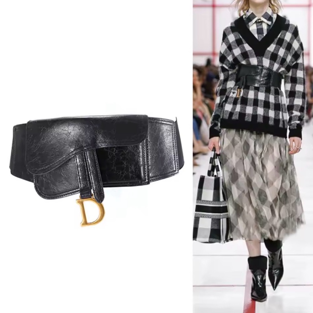New Arrivals!  Plus Size Black PU Leather Belt with pouch and Gold Accent